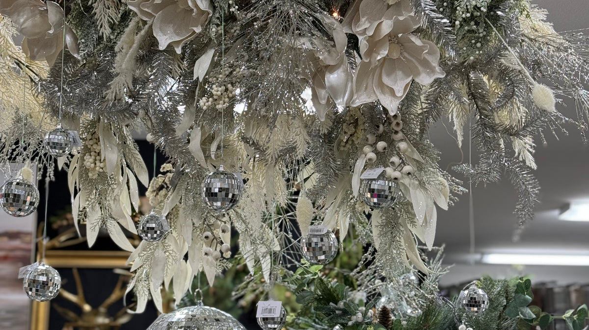 Christmas Decor with Disco Ball Ornaments, White Flowers and silver accent stems