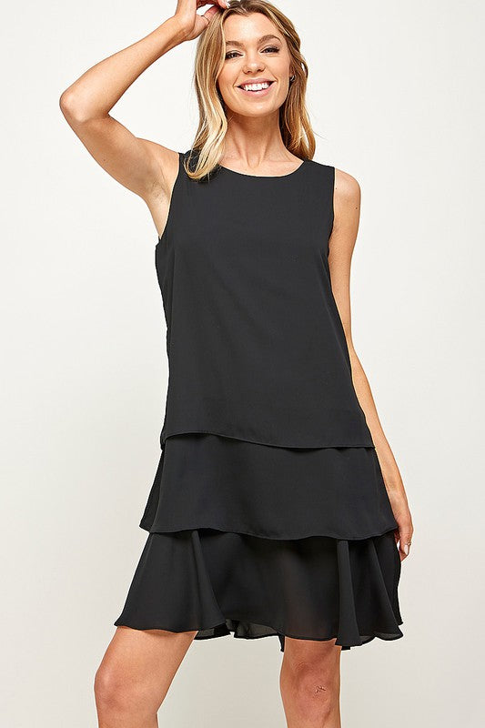 Sleeveless Layered Casual Short Dress, Black | Solution - SALE