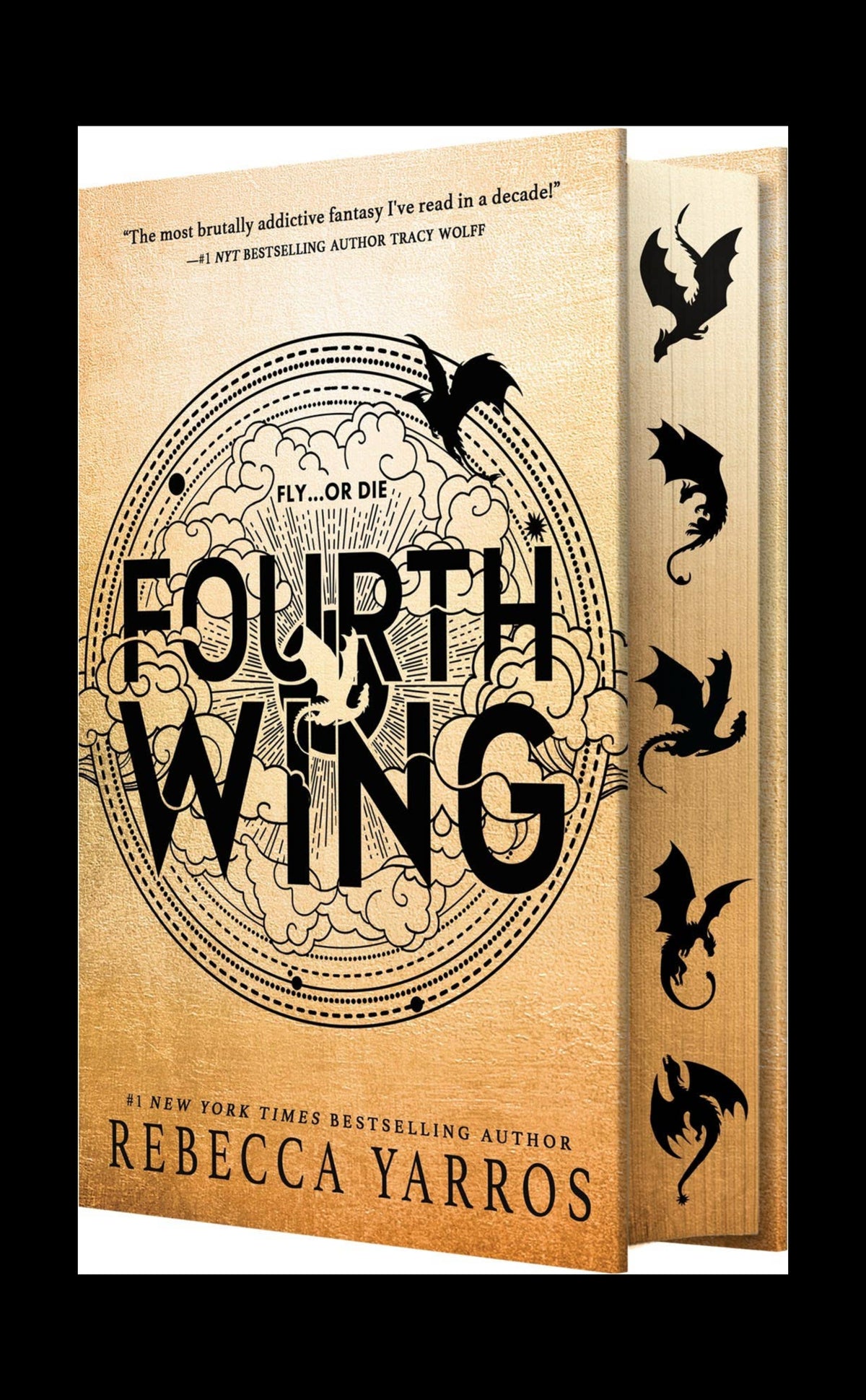 Book cover of 'Fourth Wing' with dragon illustrations and text on a beige background