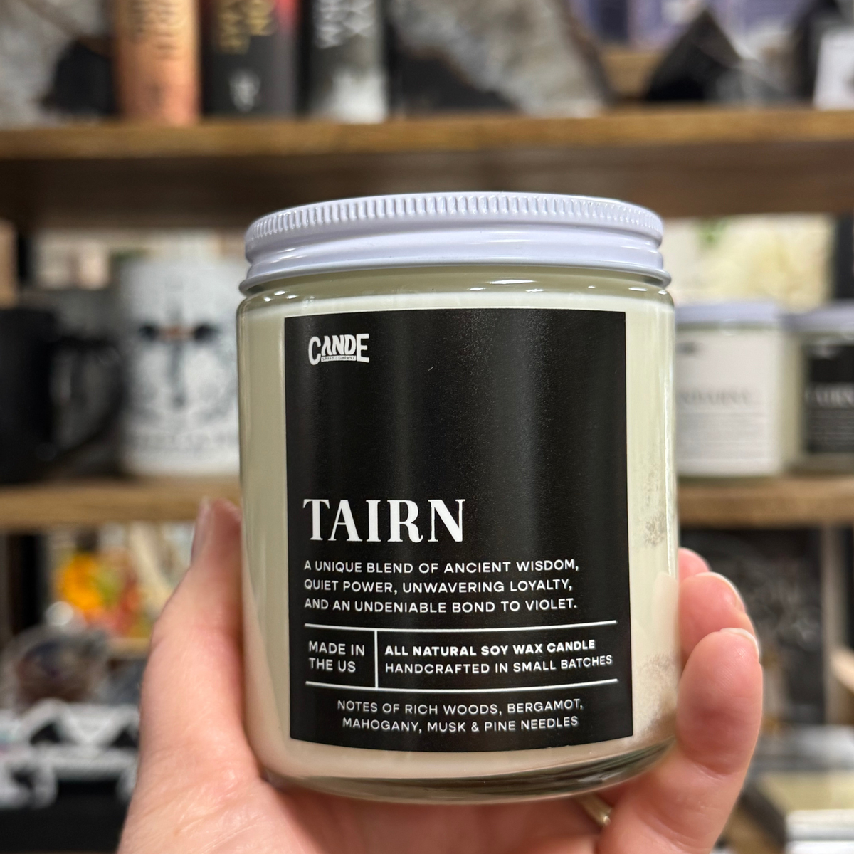 Glass Jar Candle with Lid, Black label with Tairn name.