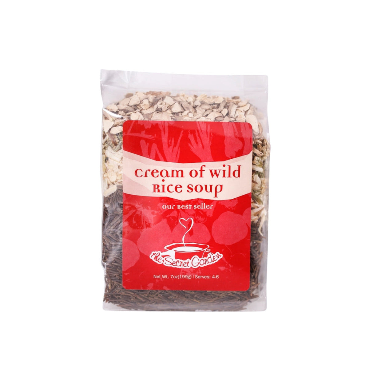 clear bag mix of dry ingredients with red label: cream of wild rice soup our best seller the Secret Garden
