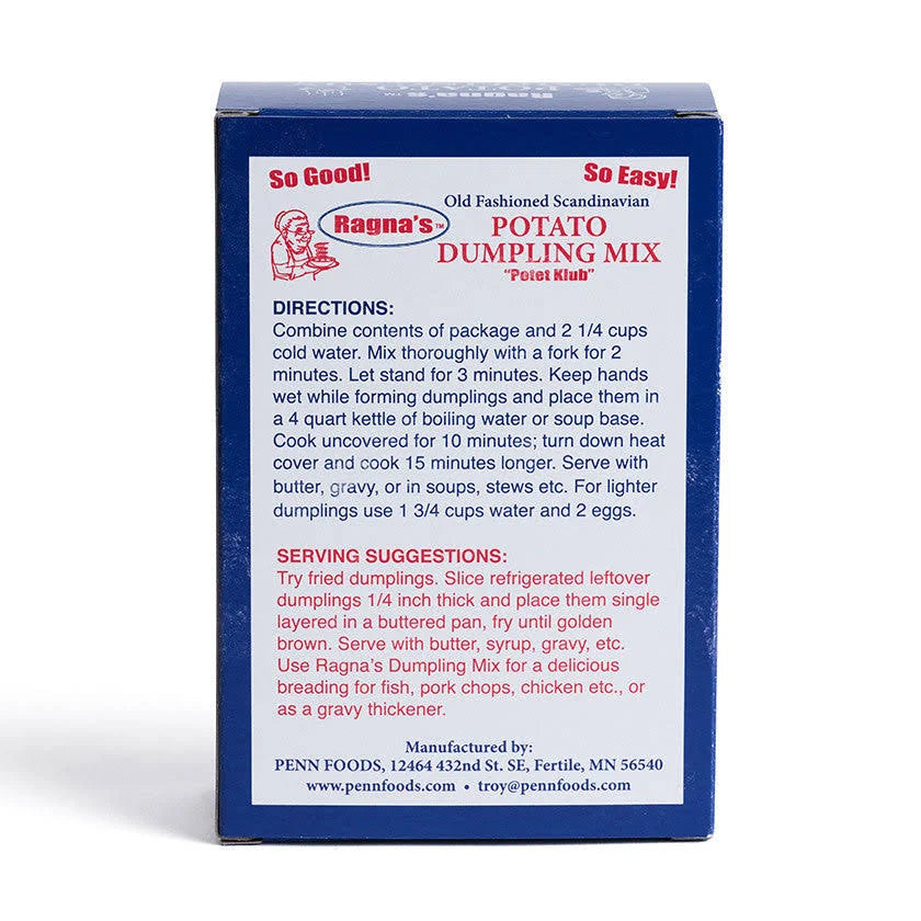 Directions for Ragna's Potato Klub Dumpling Mix, back of box.