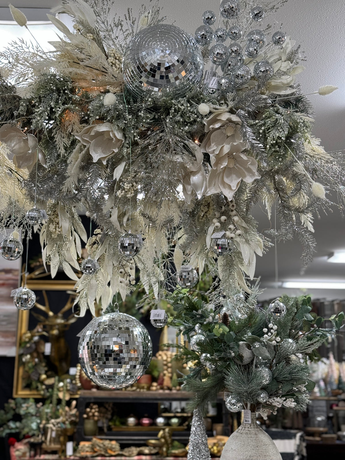 Christmas Decor with Disco Ball Ornaments, White Flowers and silver accent stems