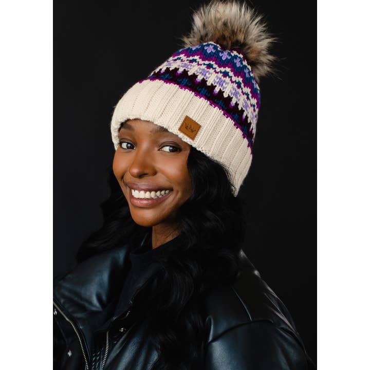 Purple, Magenta & Cream Patterned Pom Hat | Panache Apparel Co.