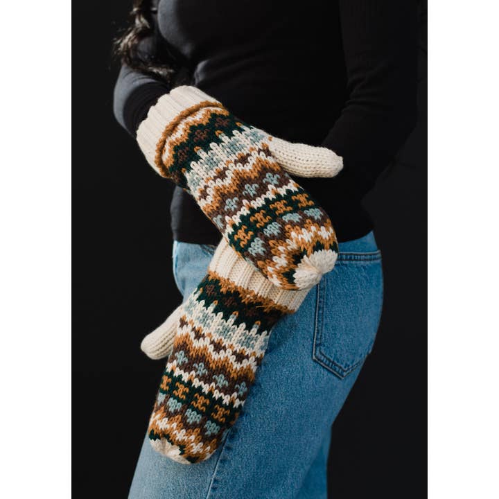 Cream, Green & Blue Patterned Mittens | Panache Apparel Co.