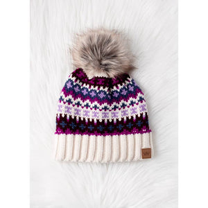 Purple, Magenta & Cream Patterned Pom Hat | Panache Apparel Co.