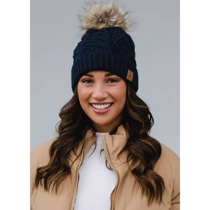 Navy Cable Knit Pom Hat | Panache Apparel Co.