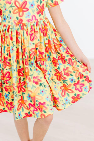 Pocket Twirl Dress, Short Sleeve - Yellow Neon Floral | Mila & Rose