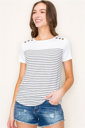 Round Neck Button Detail Striped Top, Ivory | Staccato - SALE