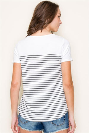 Round Neck Button Detail Striped Top, Ivory | Staccato - SALE