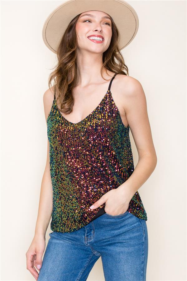 Sequin Basic Cami Top, Navy | Staccato