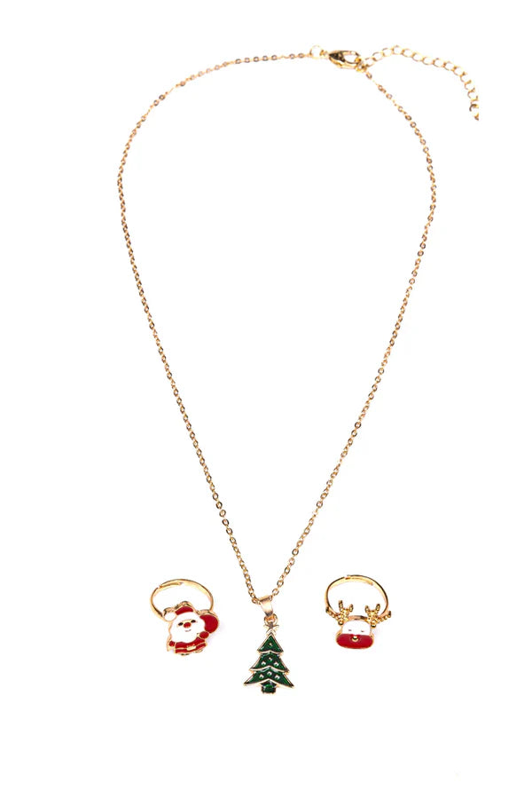 Christmas Tree Necklace & 2 Ring, 3 pcs | Great Pretenders