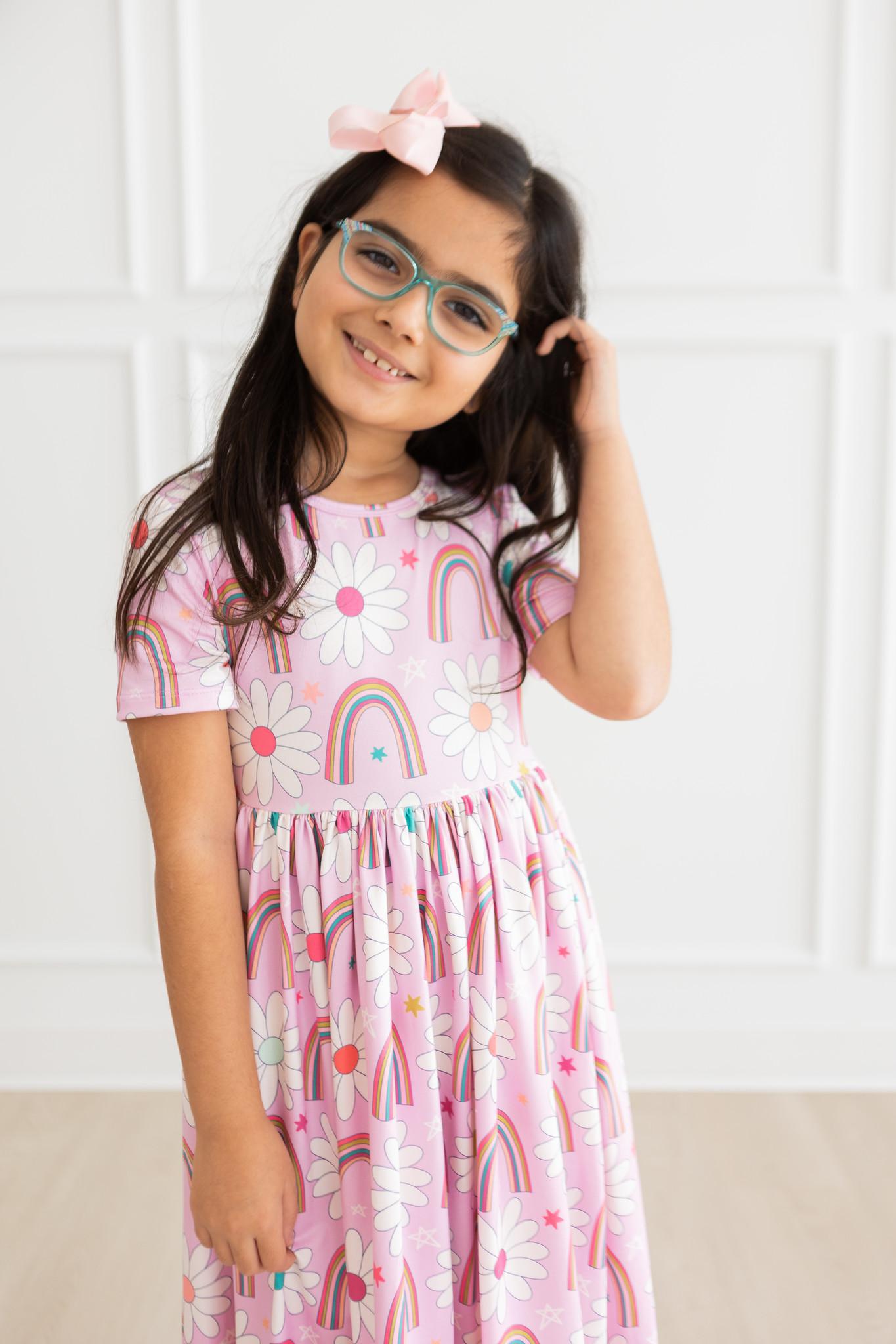 Rainbow Daisies Twirl Dress, Short Sleeve | Mila & Rose