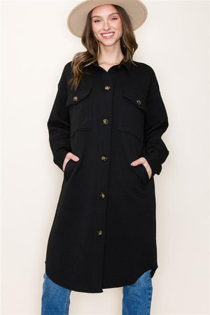 Oversized Long Button Down Jacket w Pockets, Black | Staccato