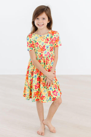 Pocket Twirl Dress, Short Sleeve - Yellow Neon Floral | Mila & Rose