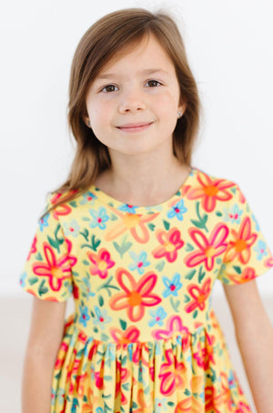 Pocket Twirl Dress, Short Sleeve - Yellow Neon Floral | Mila & Rose