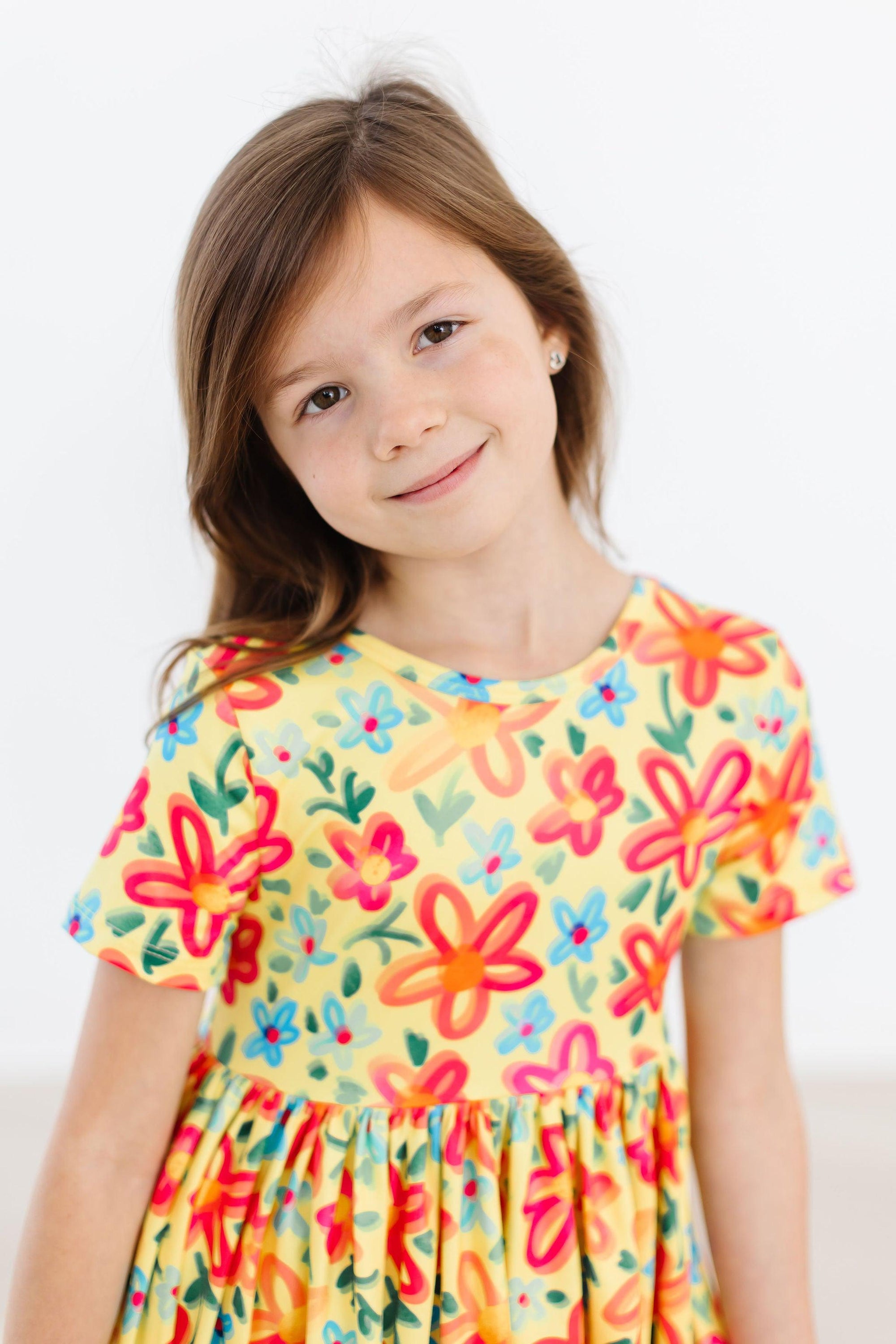 Pocket Twirl Dress, Short Sleeve - Yellow Neon Floral | Mila & Rose