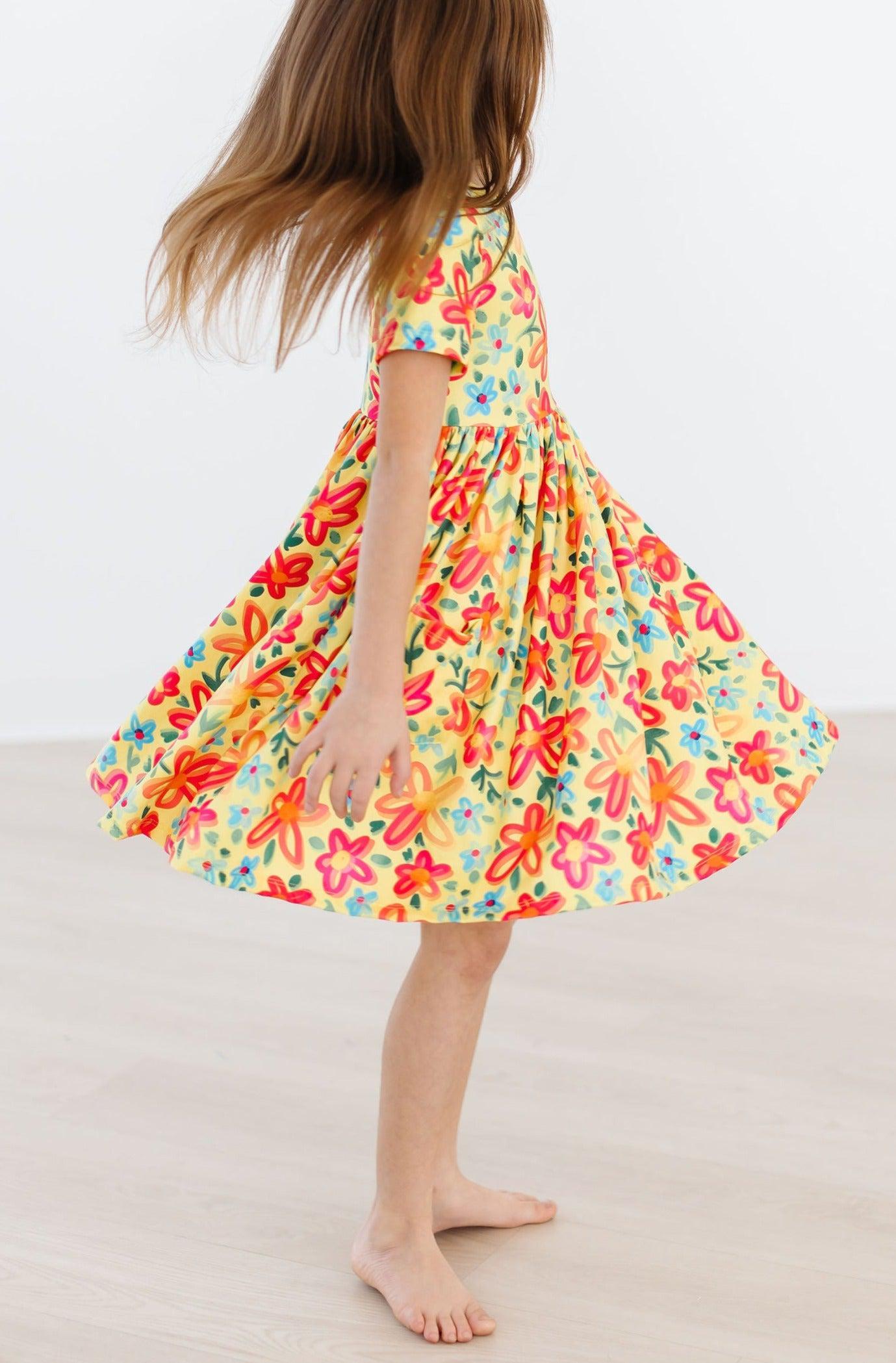 Pocket Twirl Dress, Short Sleeve - Yellow Neon Floral | Mila & Rose