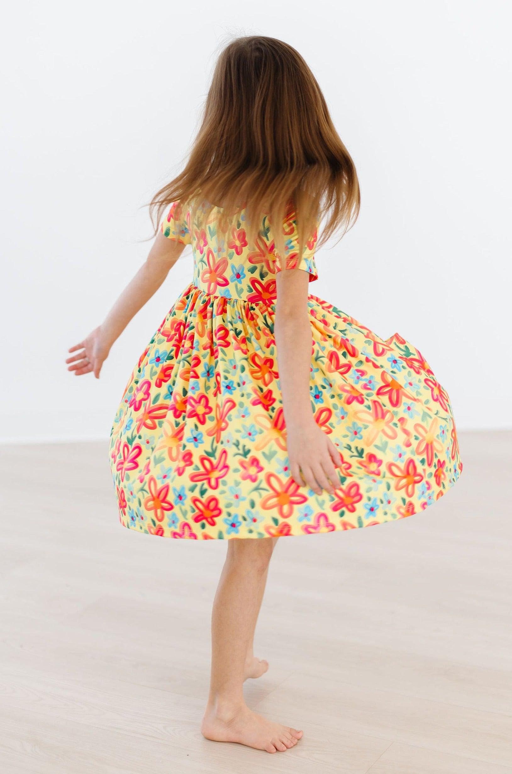 Pocket Twirl Dress, Short Sleeve - Yellow Neon Floral | Mila & Rose