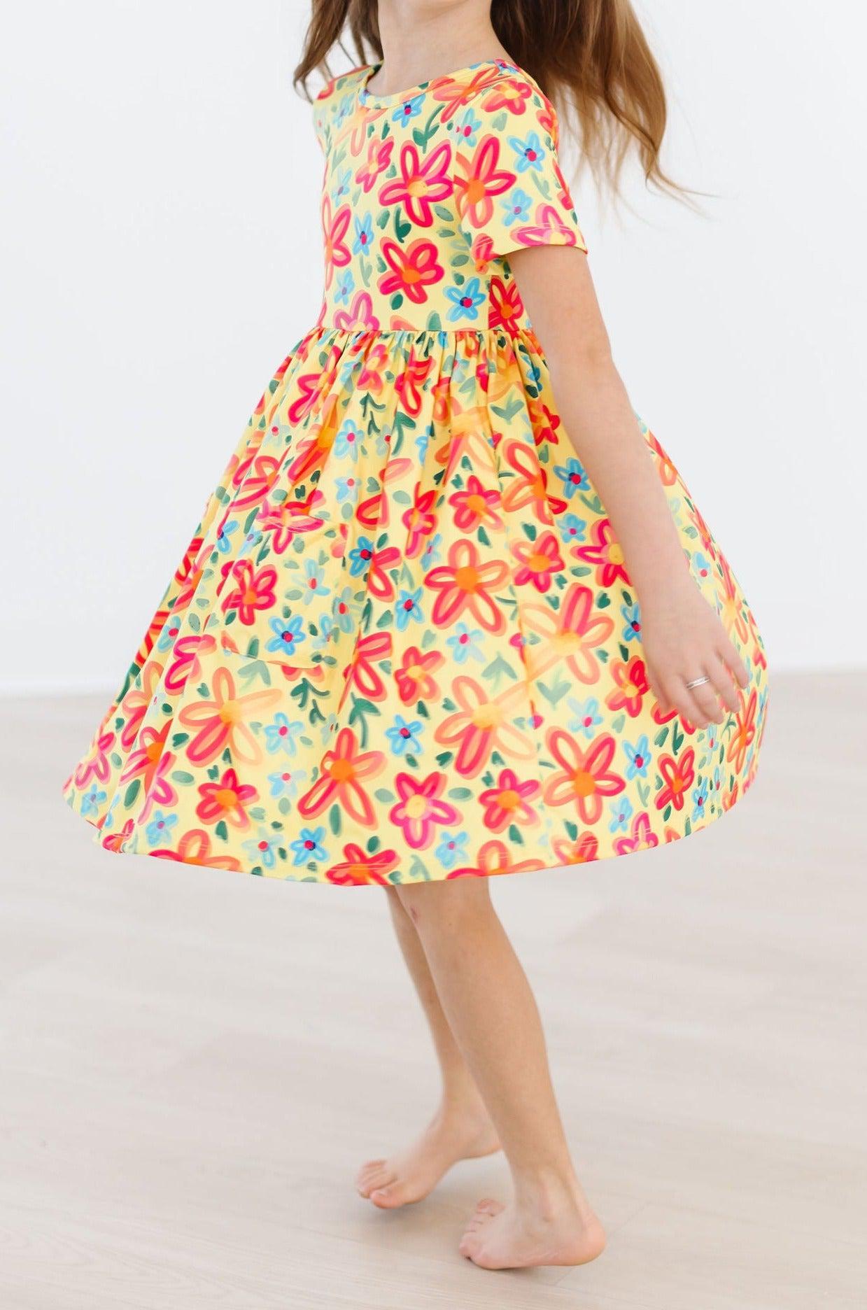 Pocket Twirl Dress, Short Sleeve - Yellow Neon Floral | Mila & Rose