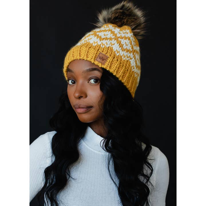 Mustard & White Patterned Pom Hat | Panache Apparel Co.