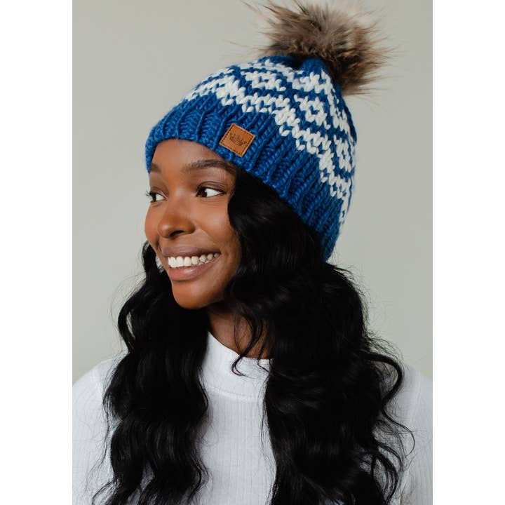 Blue & White Patterned Pom Hat | Panache Apparel Co.