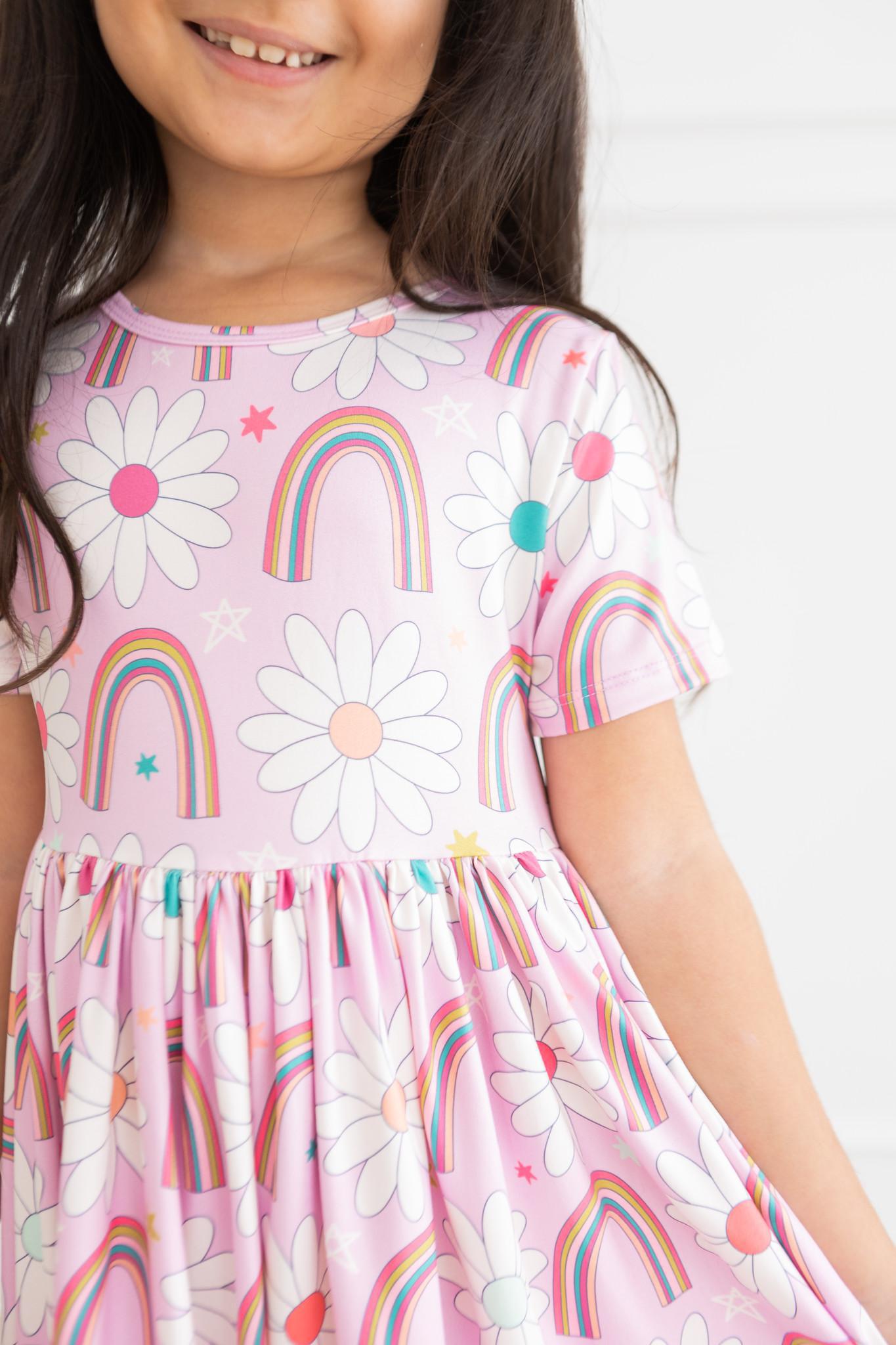 Rainbow Daisies Twirl Dress, Short Sleeve | Mila & Rose