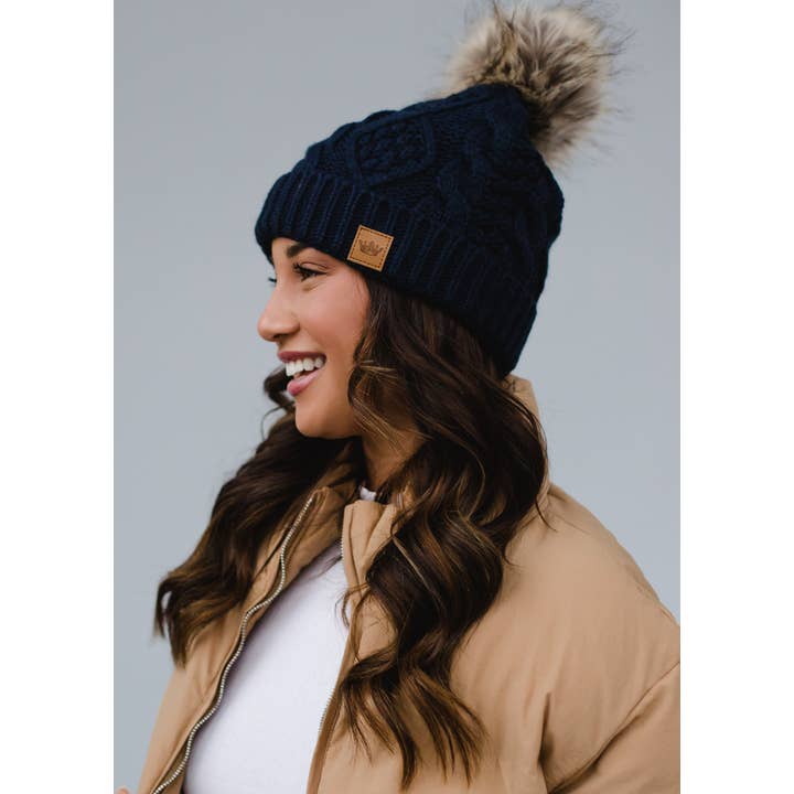 Navy Cable Knit Pom Hat | Panache Apparel Co.