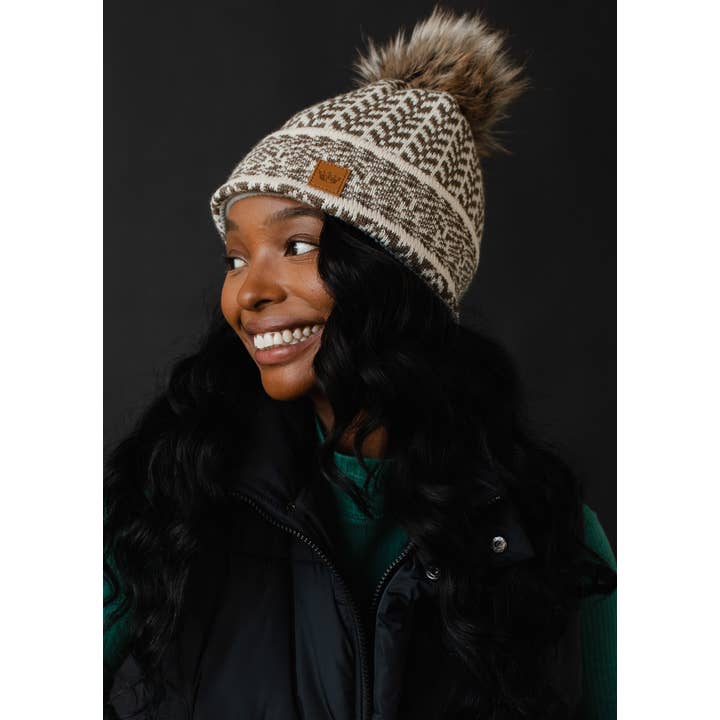 Taupe & Cream Patterned Pom Hat | Panache Apparel Co.