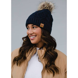 Navy Cable Knit Pom Hat | Panache Apparel Co.