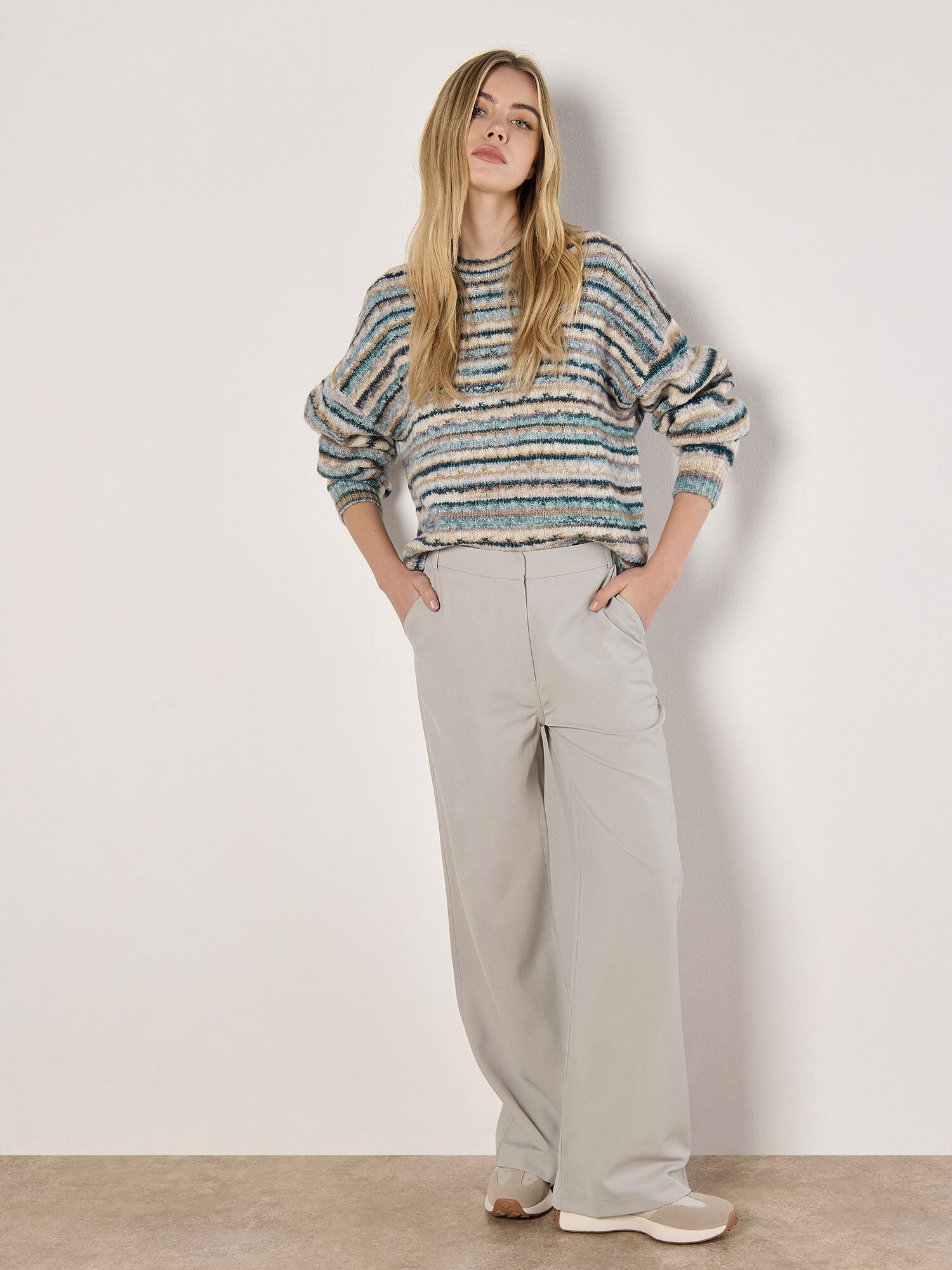 Multi Color Lines Knit Fisherman Sweater, Cream | Apricot