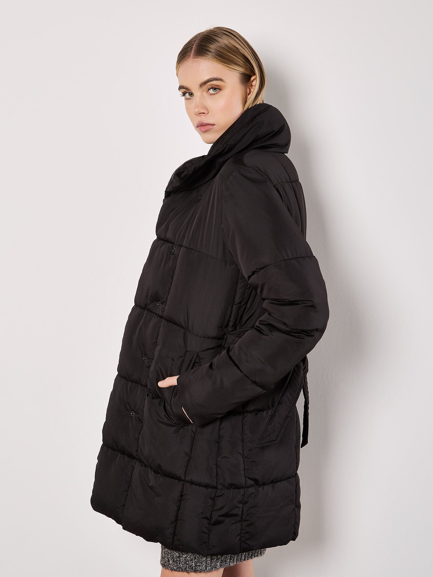 Quilted Belted Jacket, Black | Apricot