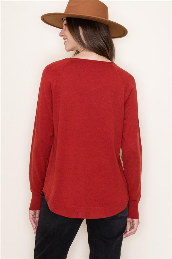 Long Sleeve Sweater w/ Boat Neck, Dark Rust | Staccato