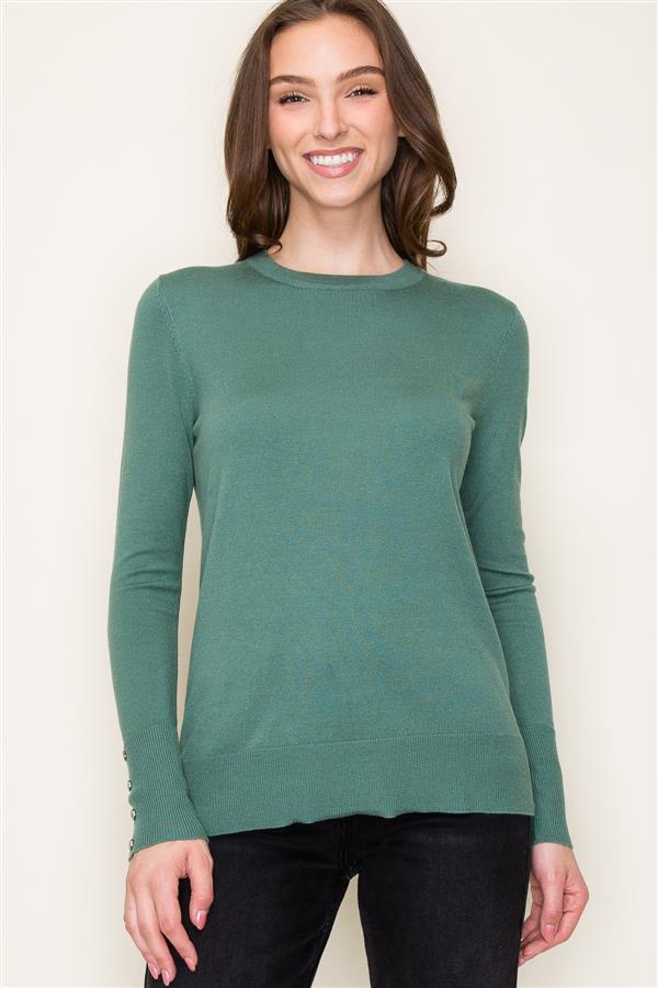 Crew Neck Sweater w Button Cuffs, Spruce | Staccato