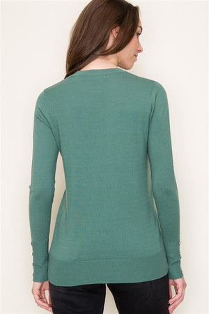 Crew Neck Sweater w Button Cuffs, Spruce | Staccato