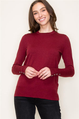 Crew Neck Sweater w Button Cuffs, Wine | Staccato