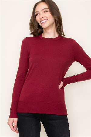 Crew Neck Sweater w Button Cuffs, Wine | Staccato