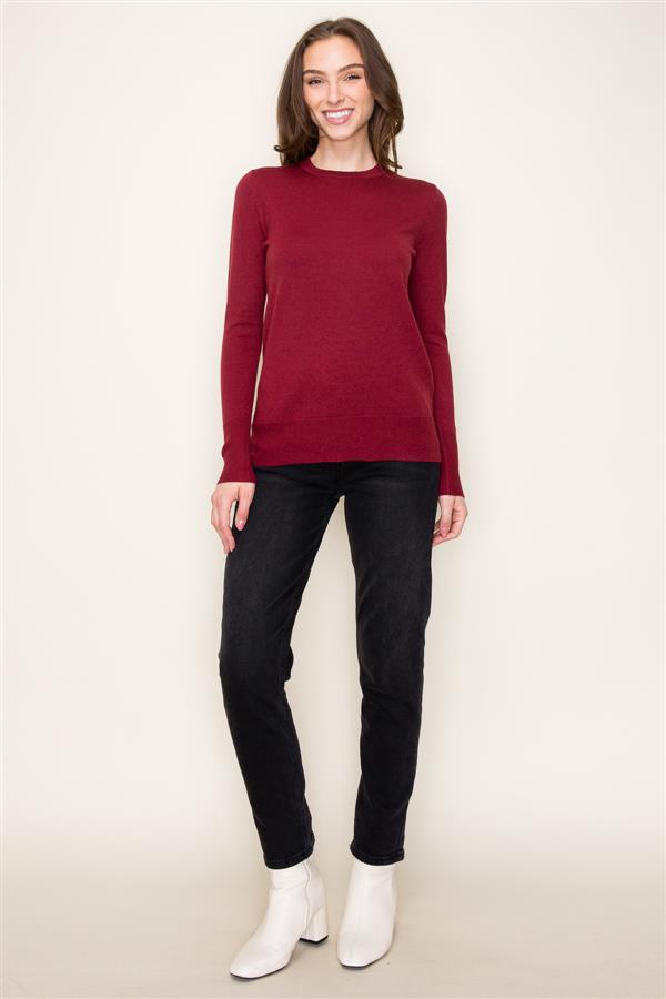 Crew Neck Sweater w Button Cuffs, Wine | Staccato