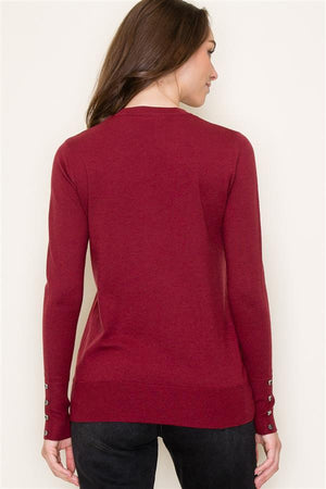 Crew Neck Sweater w Button Cuffs, Wine | Staccato