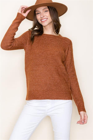 Waffle Texture Crew Neck Sweater, Copper | Staccato