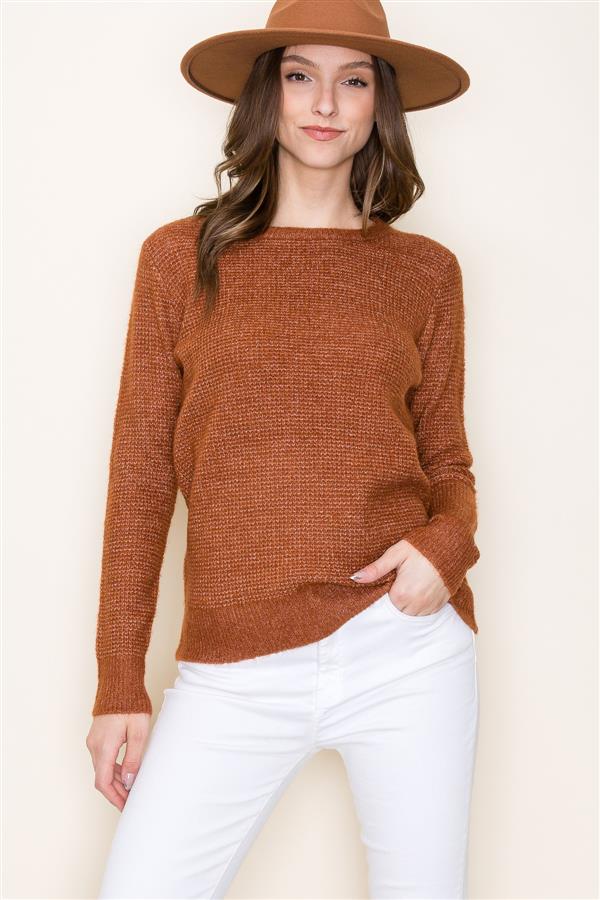 Waffle Texture Crew Neck Sweater, Copper | Staccato