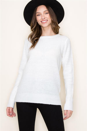 Waffle Texture Crew Neck Sweater, Ivory | Staccato