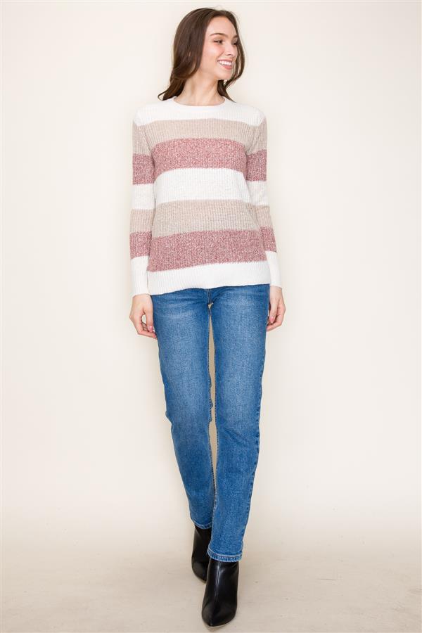 Crew Neck Color Block Knit Top, Ivory & Taupe | Staccato