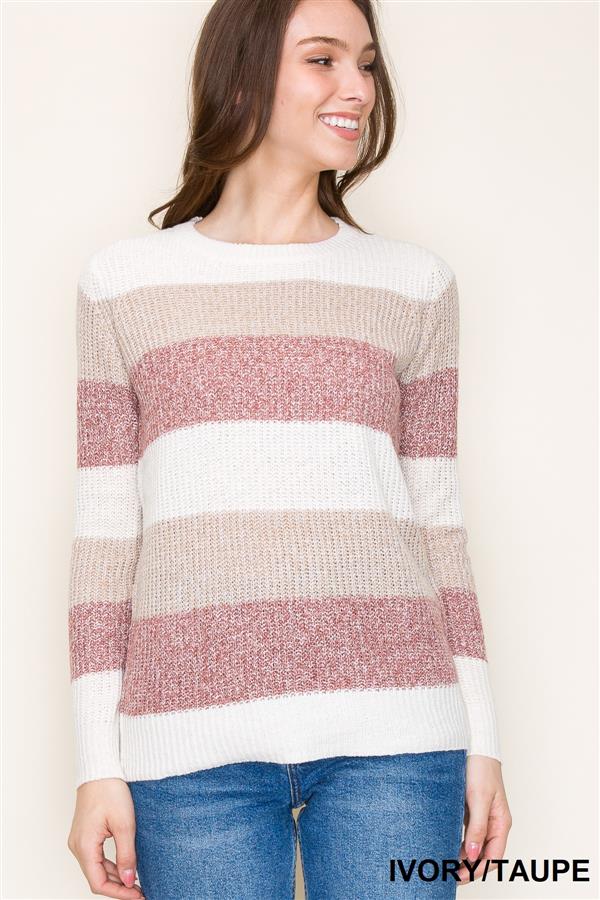 Crew Neck Color Block Knit Top, Ivory & Taupe | Staccato