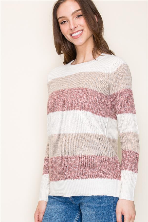 Crew Neck Color Block Knit Top, Ivory & Taupe | Staccato