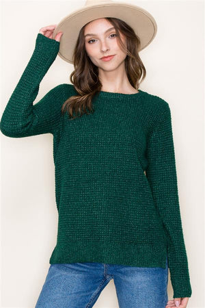 Crew Neck Ribbed Band Waffle Sweater, Forest | Staccato