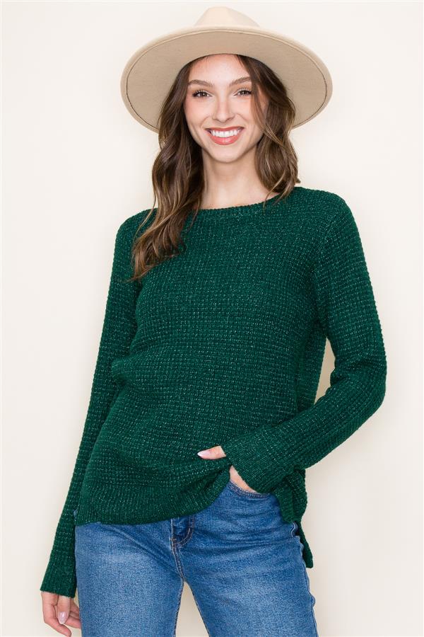 Crew Neck Ribbed Band Waffle Sweater, Forest | Staccato