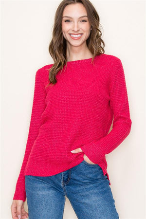 Crew Neck Ribbed Band Waffle Sweater, Magenta | Staccato