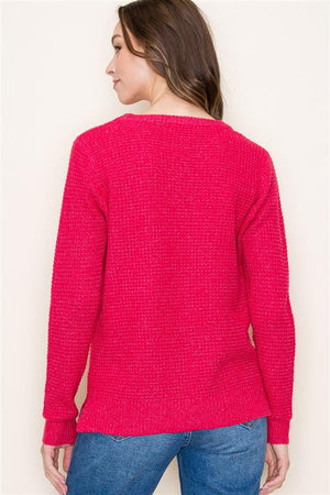 Crew Neck Ribbed Band Waffle Sweater, Magenta | Staccato