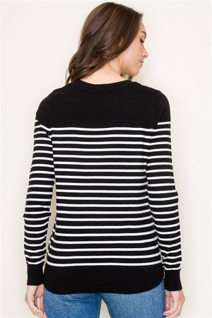 Crew Neck Long Sleeve Stripe Color Block Sweater, Black  | Staccato